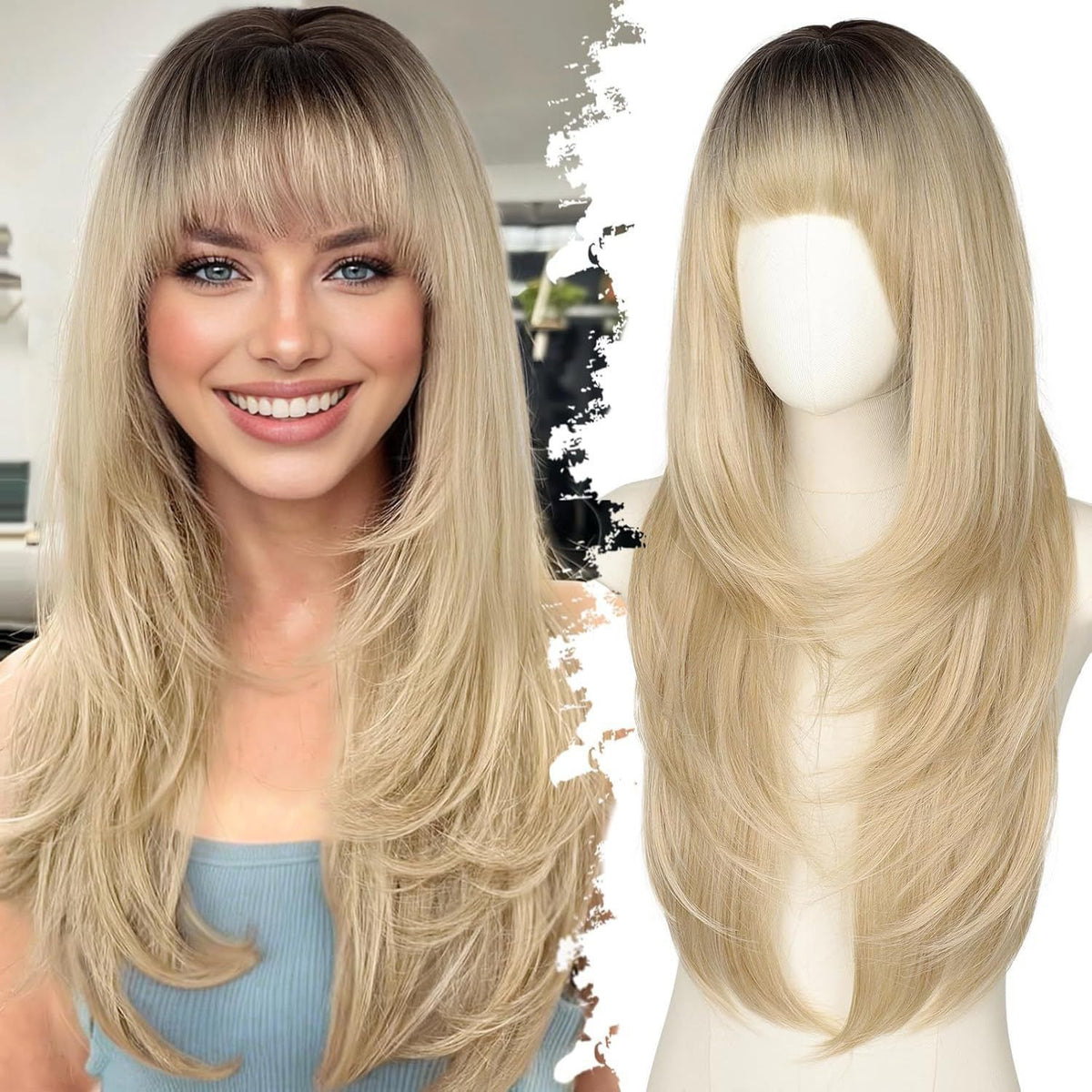 Blonde wig with bangs on a mannequin head and a model wearing it.
