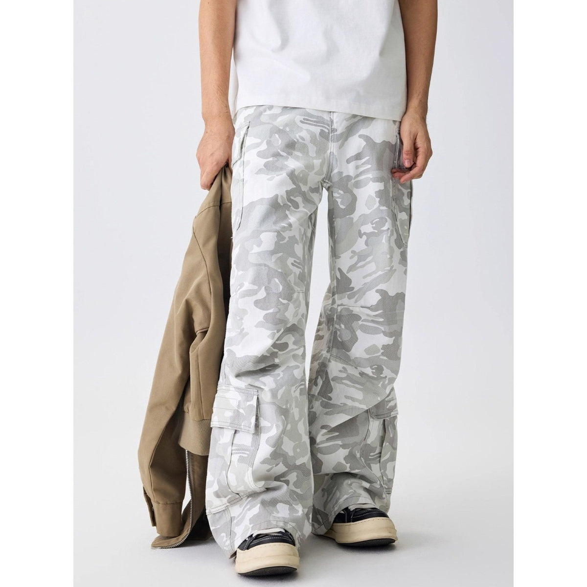 Unisex White Camouflage Wide-Leg Cargo Pants