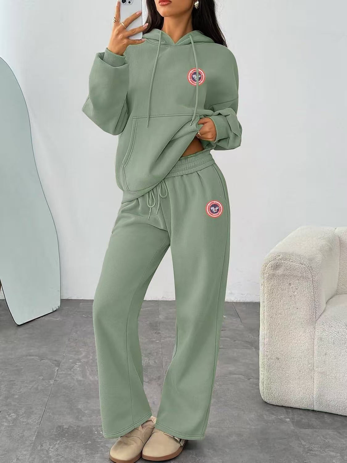Gothic-Print Hoodie and Wide-Leg Pants Set
