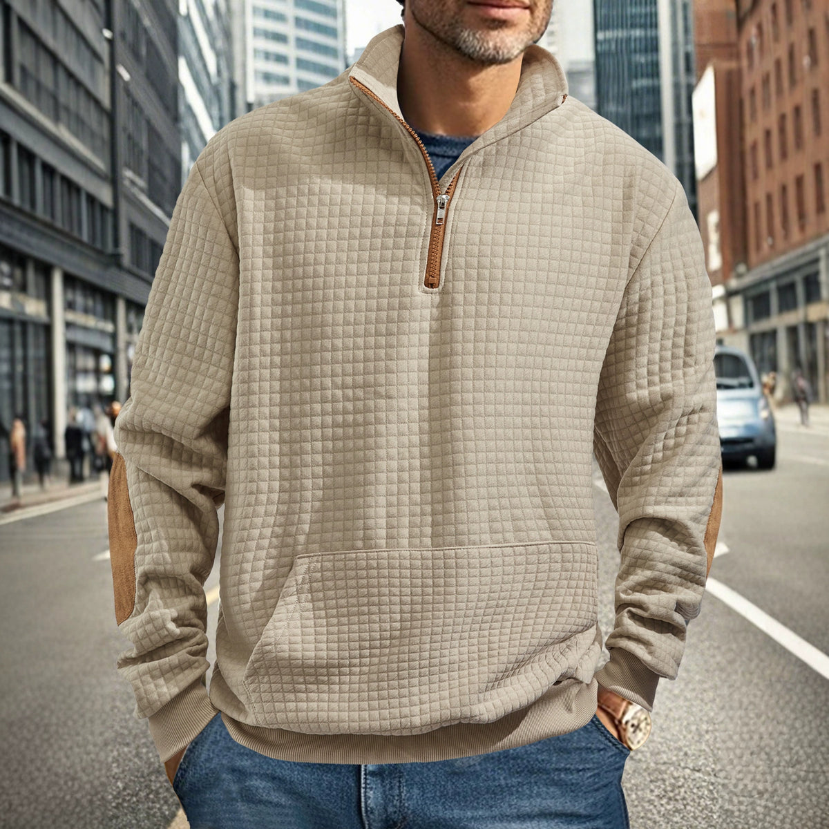 Men's Square-Jacquard Zip-Neck Sweatshirt