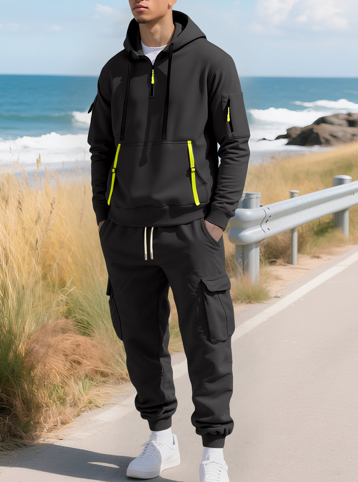 Men's Half-Zip Hoodie and Cargo Joggers Set