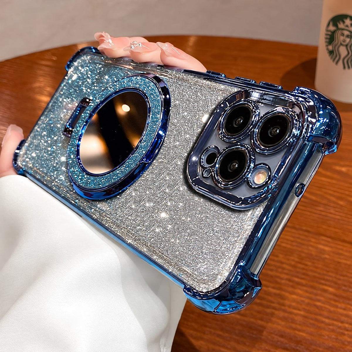 Coque avec support miroir pailleté pour iPhone 17/16/15 et modèles antérieurs