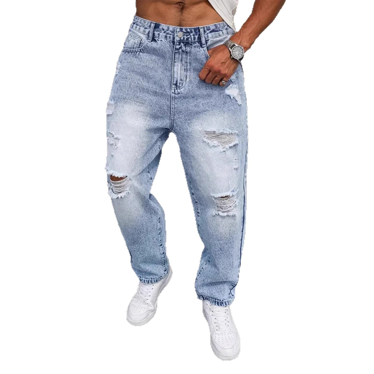 Light blue distressed jeans worn by a person on a white background
