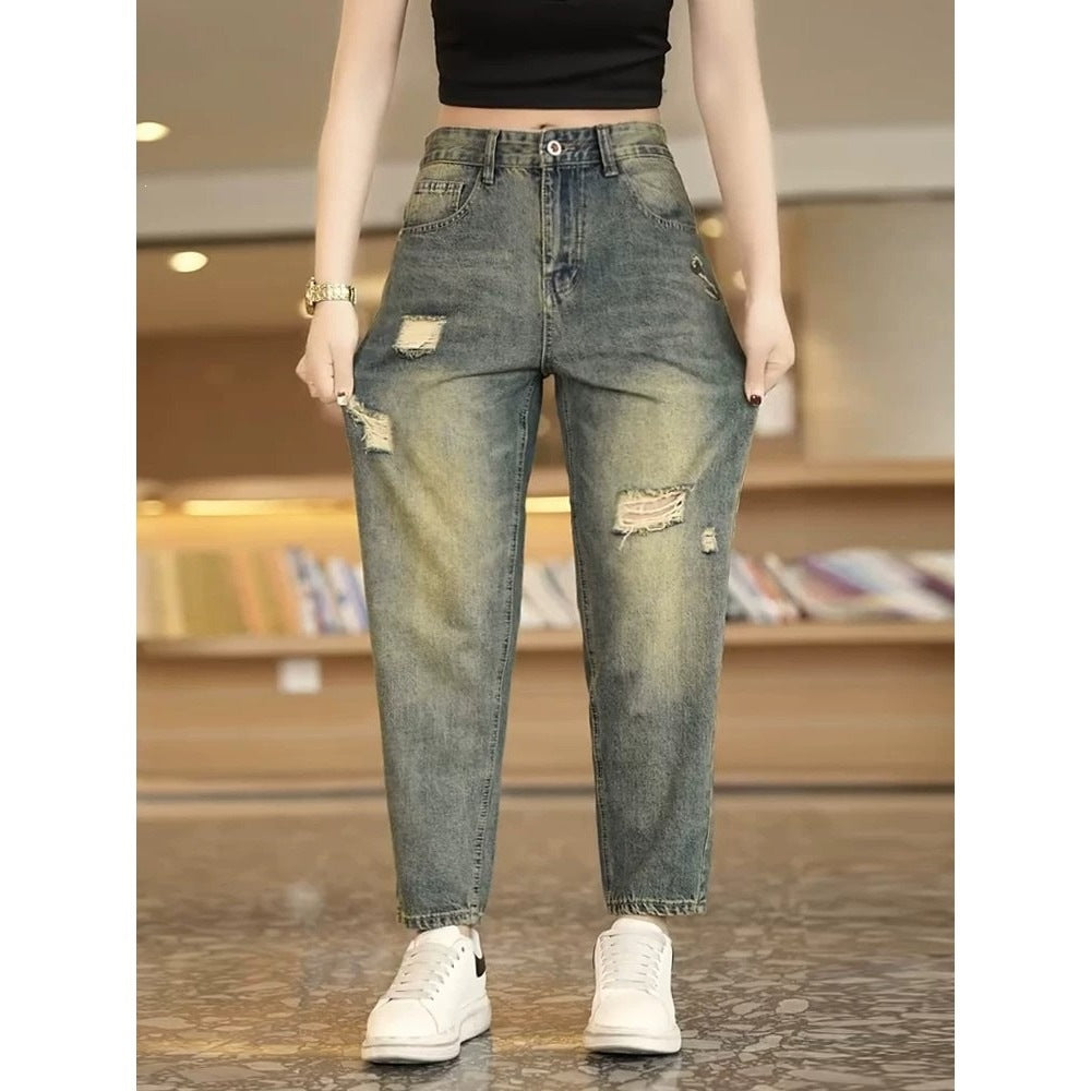 Vintage-Wash Distressed Straight-Leg Jeans