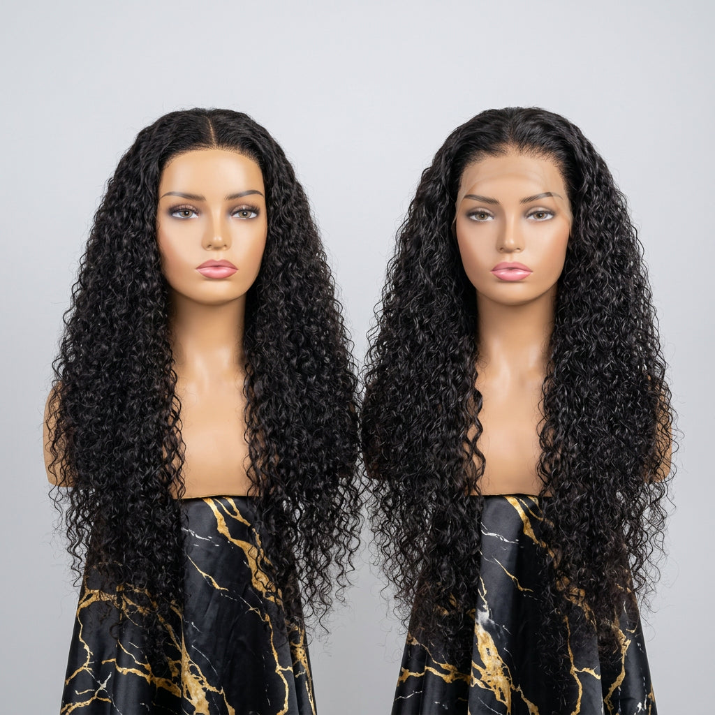 Mannequin head with a wig and a person wearing a wig in a room setting.
