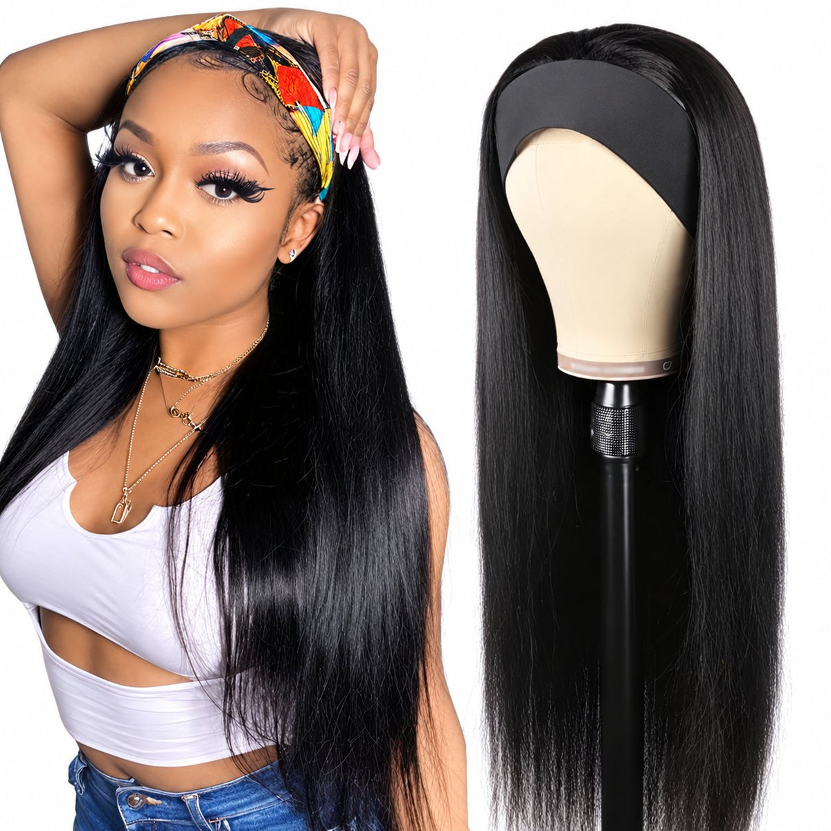 Perruque bandeau longue et lisse noire, 16–34 pouces