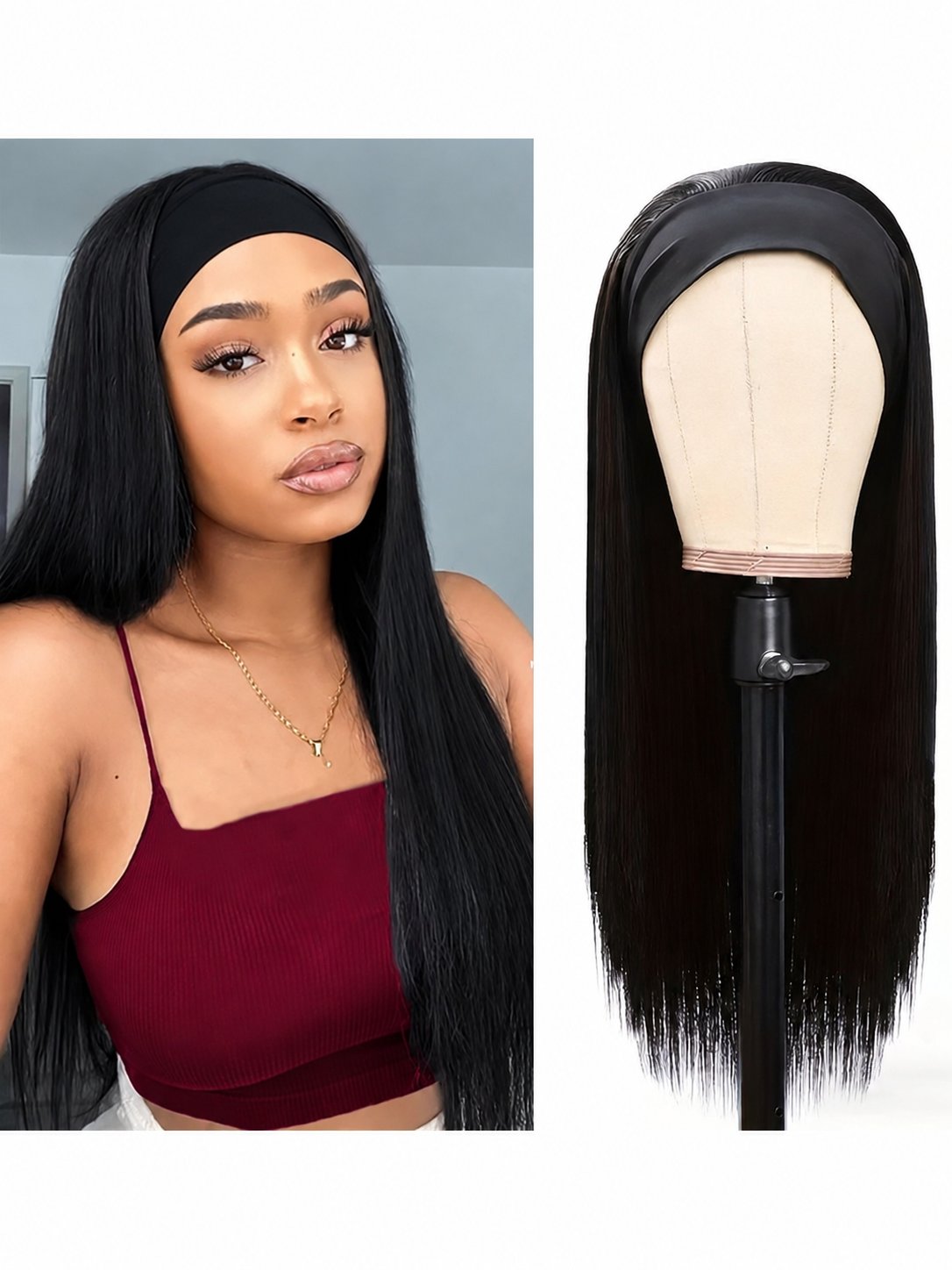 Perruque bandeau longue et lisse noire, 16–34 pouces