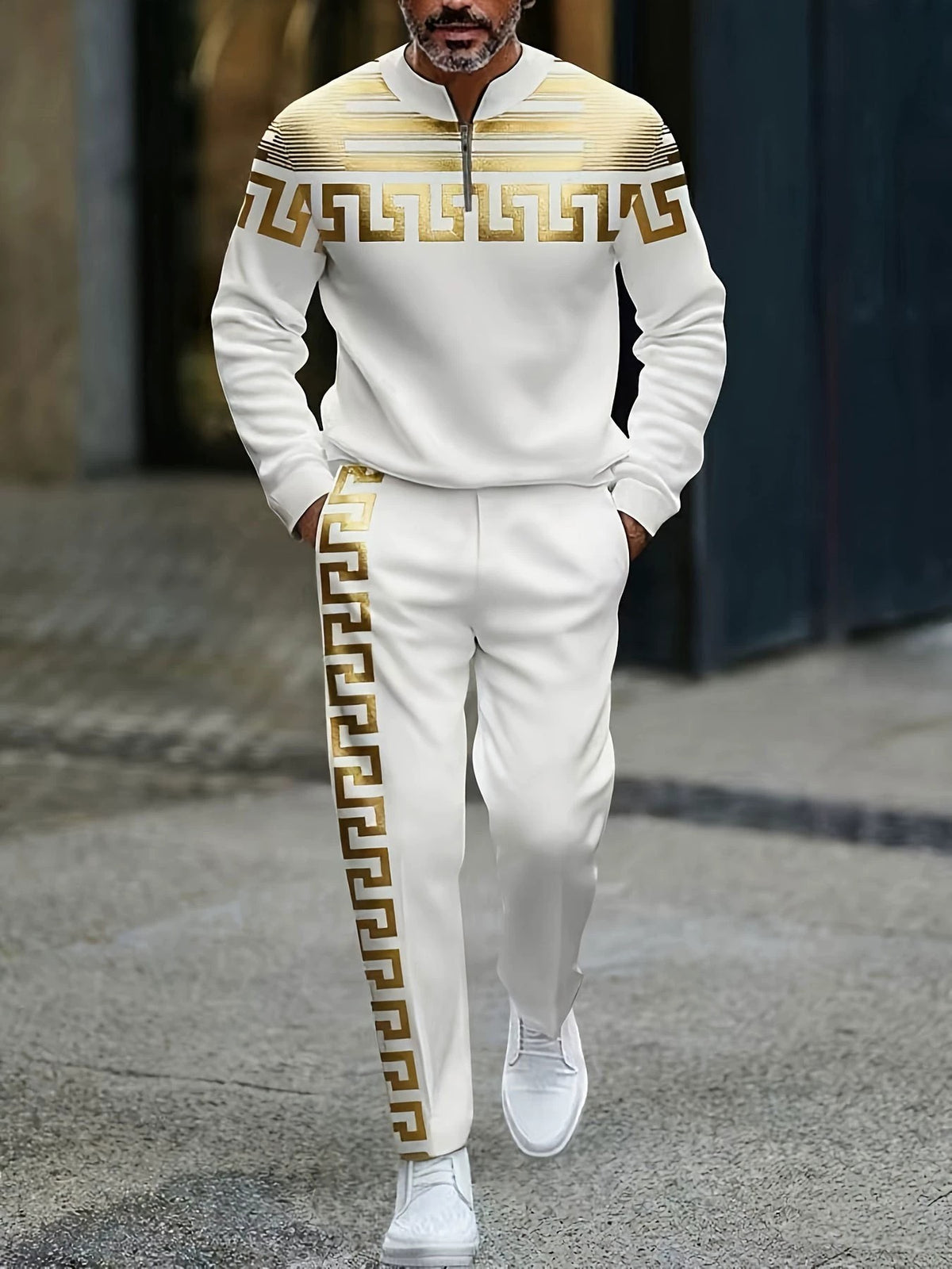 Men's Patterned Half-Zip Top and Pants Set