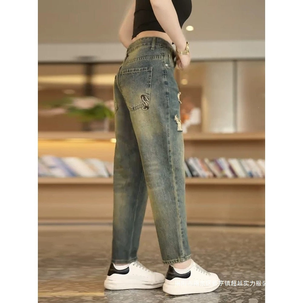 Vintage-Wash Distressed Straight-Leg Jeans