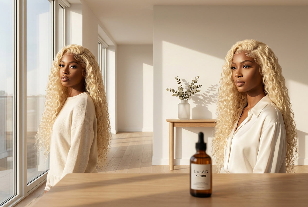 Person with long blonde wig on the left, mannequin wearing the same wig on the right.