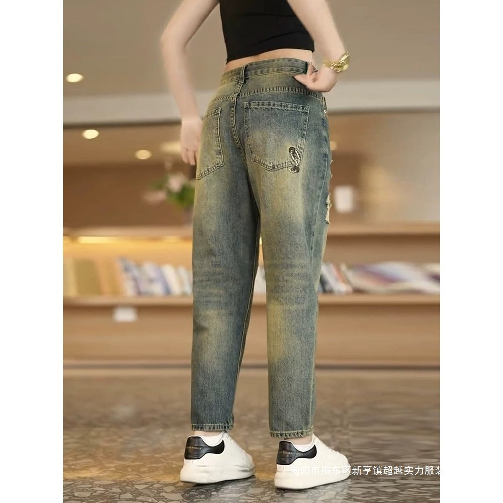 Vintage-Wash Distressed Straight-Leg Jeans