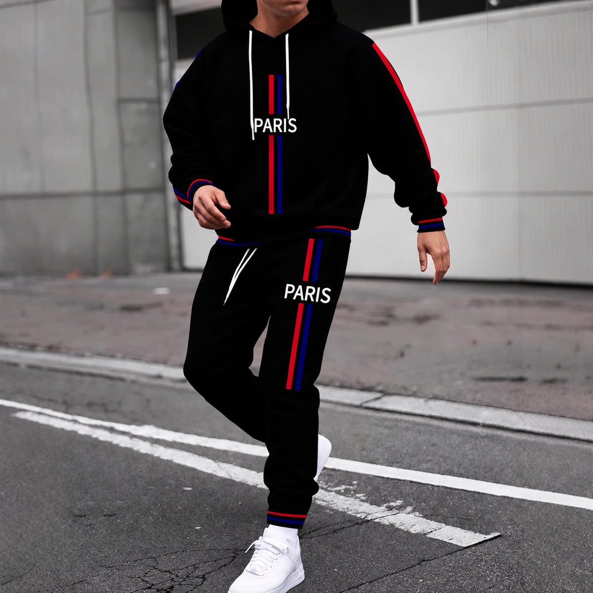 Black graphic hoodie and joggers set with red and blue stripes