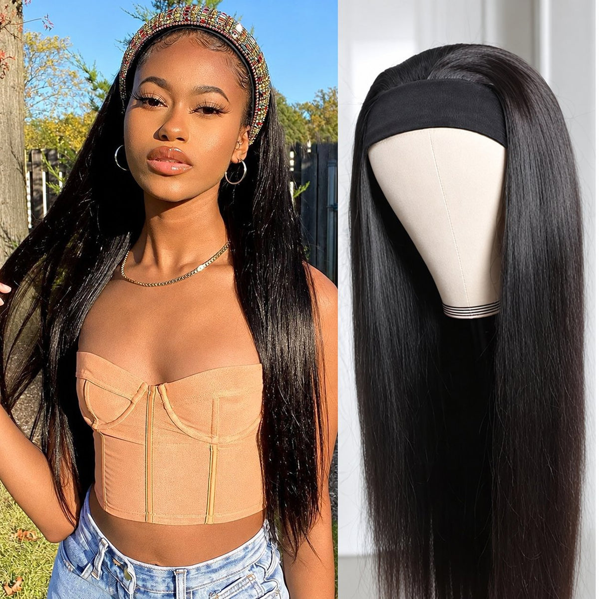 Perruque bandeau longue et lisse noire, 16–34 pouces