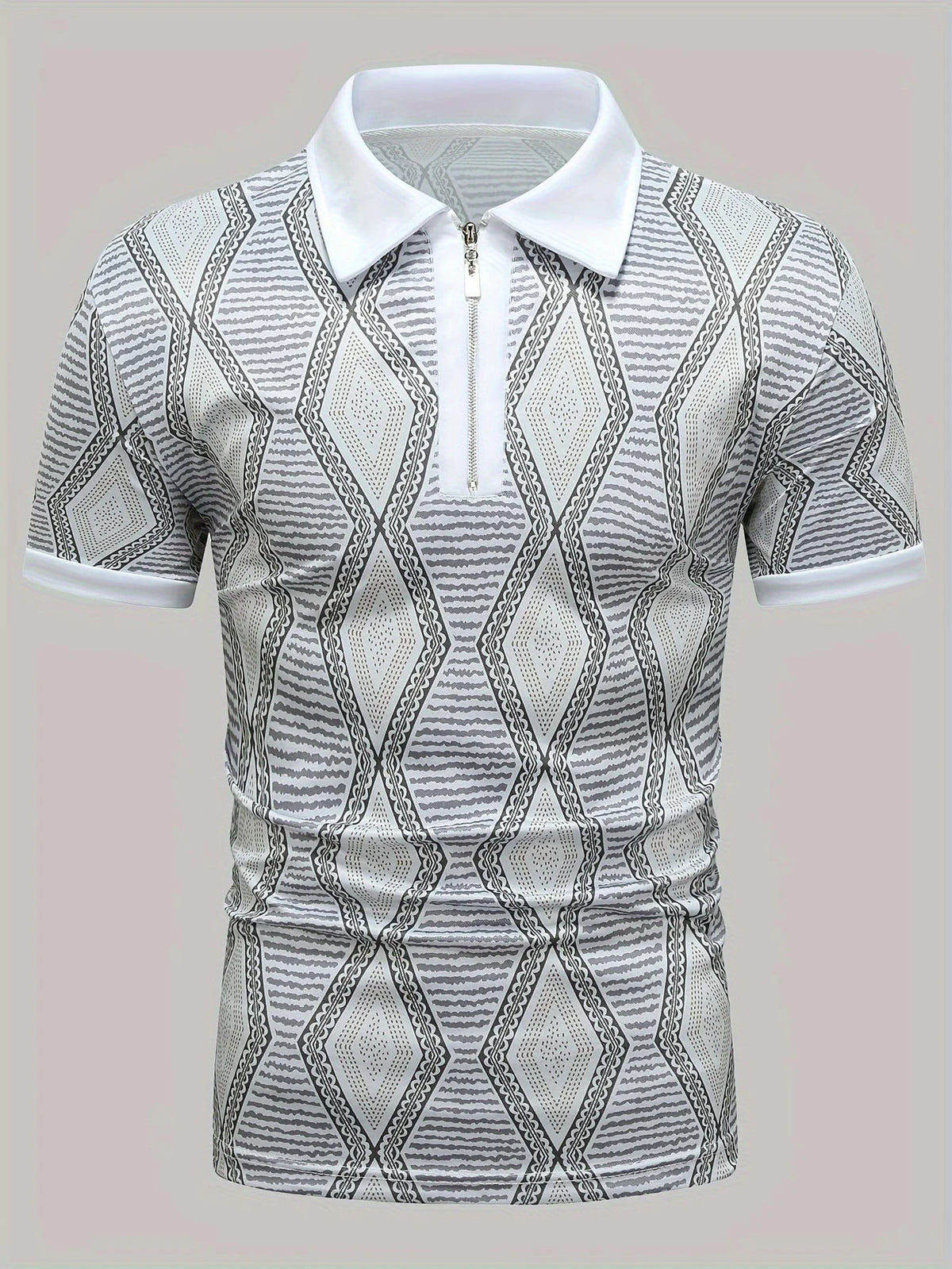 Men's Striped Short-Sleeve Zip-Neck Polo Shirt
