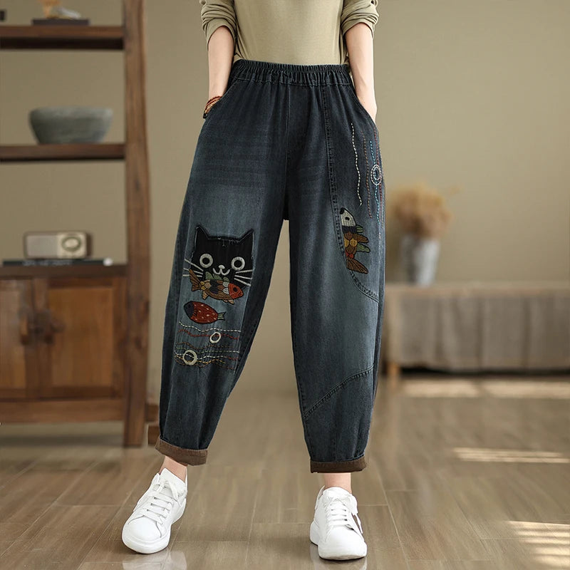Women's Owl-Embroidered Cropped Jeans — product view
