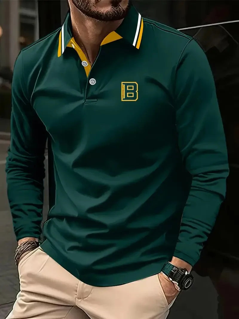 Men's Graphic Print Long-Sleeve Polo Shirt
