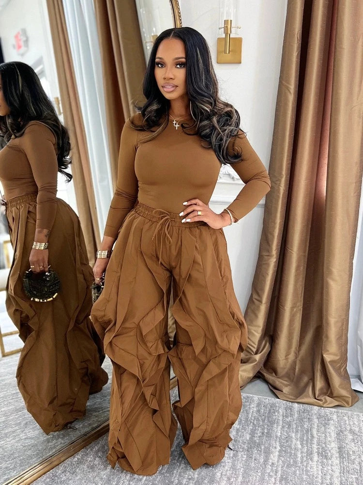 Women's Long-Sleeve Top & Ruffle Pants Set