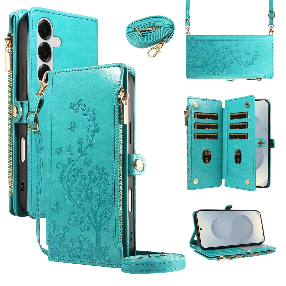 Floral Embossed Crossbody Zipper Wallet Phone Case for Samsung Galaxy A73 5G, A72, A71, A70, A05s, A05, A04, A03 Core, A12, A10, A07, A06, A14 4G, A14 5G, A13 4G, A13 5G, A17, A16, A15 4G, A15 5G, A22 5G, A22 4G, A21s, A18, A26 5G, A25 & More Models