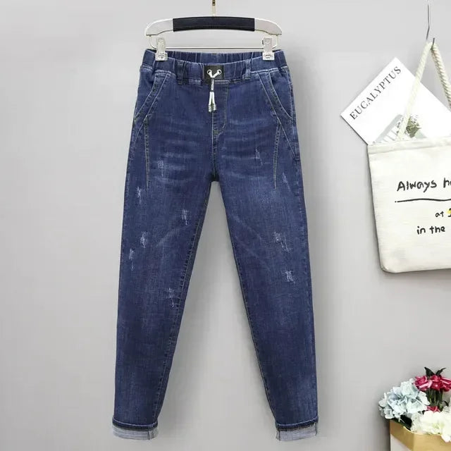 Women's Plus-Size Elastic-Waist Ripped Jeans — product view