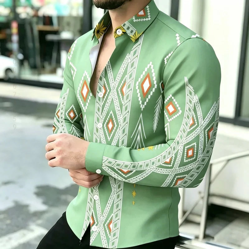 Men's Geometric Print Long-Sleeve Casual T-Shirt
