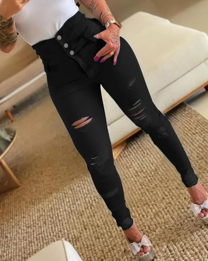 Women's Distressed Stretch Pencil Jeans — product view