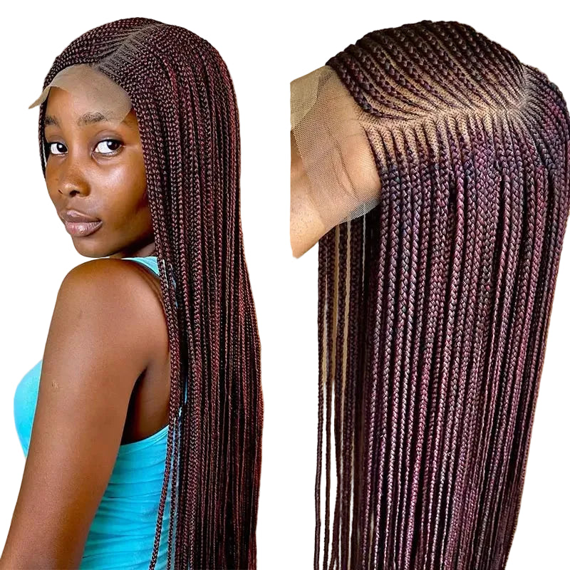 36'' Burgundy Full Lace Braided Wig Faux Locs Synthetic Knotless - OSASCO