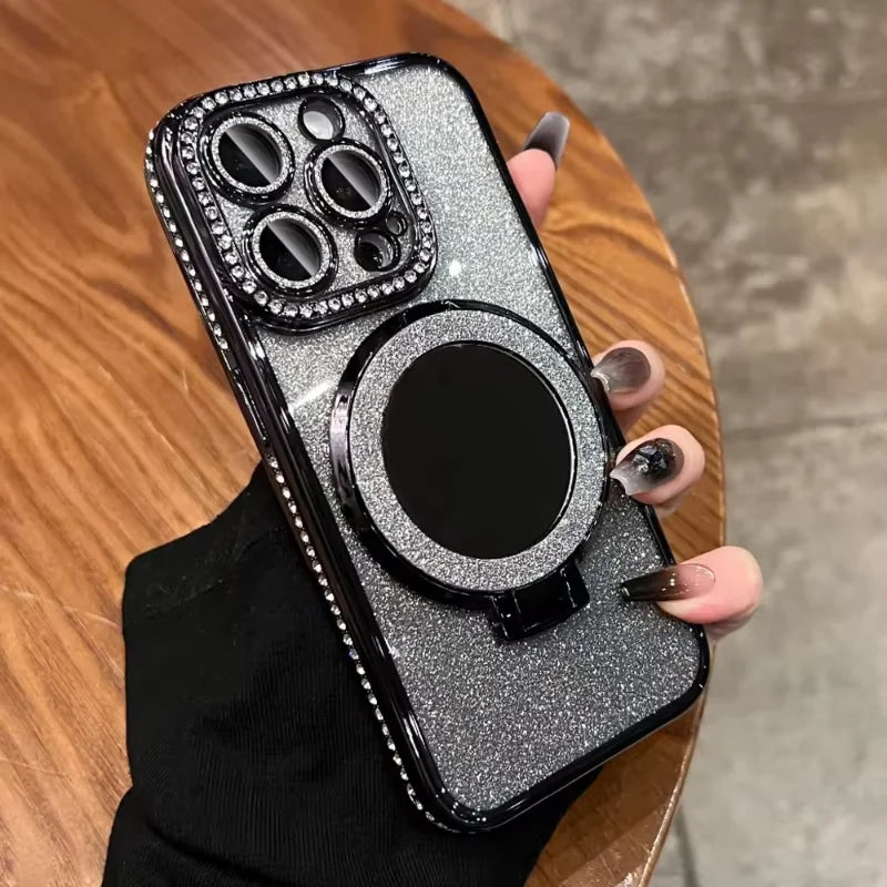 Glitter Magnetic Mirror Phone Case with Stand for iPhone 11 Pro, iPhone 11 Pro Max, iPhone 11, iPhone 14, iPhone 14 Pro, iPhone 13 Pro Max, iPhone 15, iPhone 15 Pro, iPhone 14 Pro Max, iPhone 12 Pro, iPhone 12 Pro Max, iPhone 12 & More Models