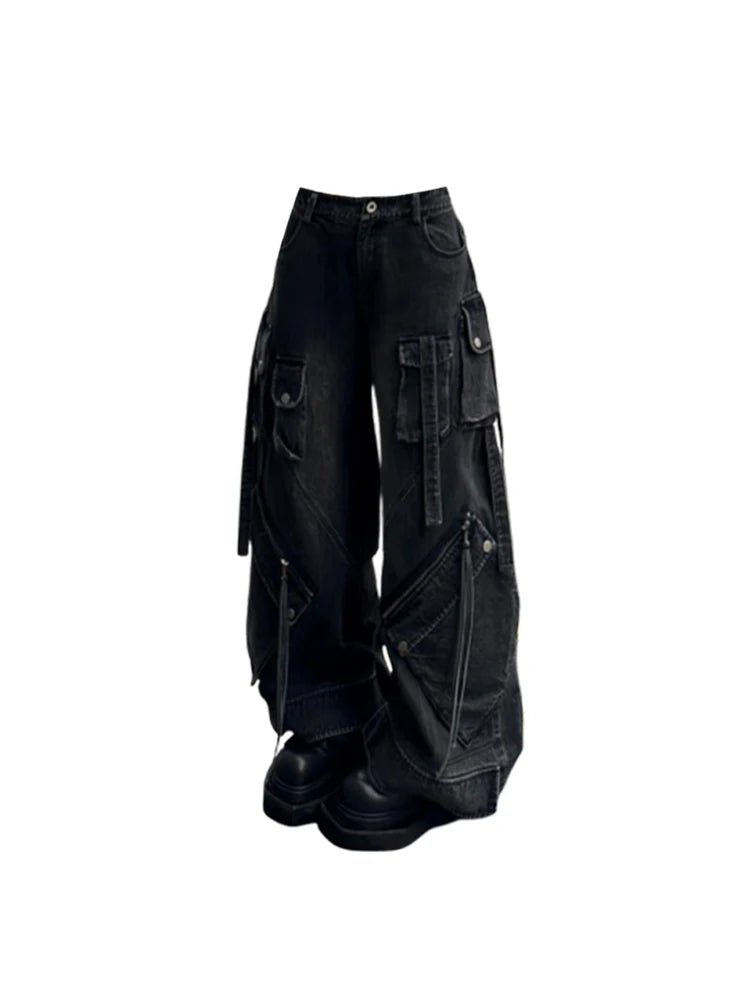 Women's Black Baggy Cargo Jeans — product view