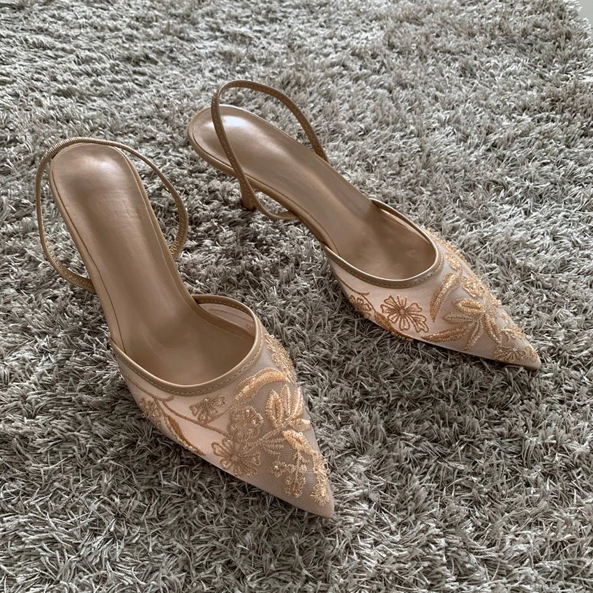 Women's Beaded Mesh Slingback Heels — product view