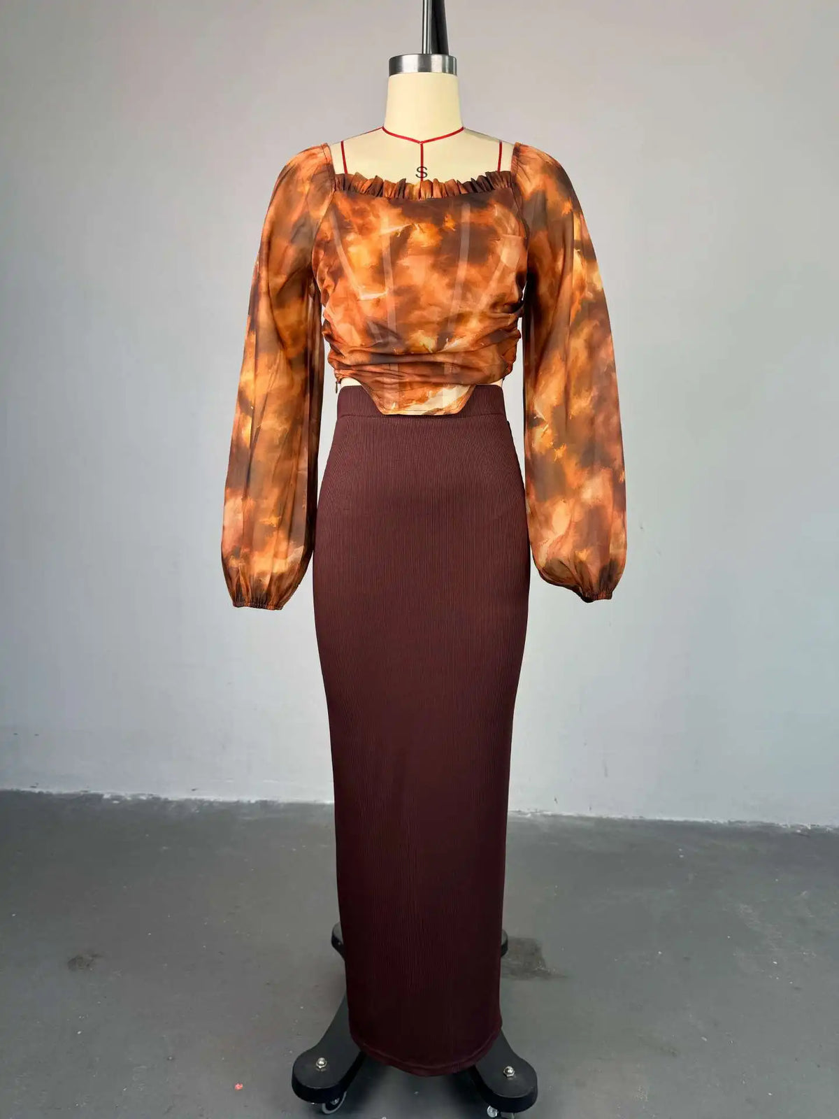 Women's Printed Mesh Top & Maxi Skirt Set
