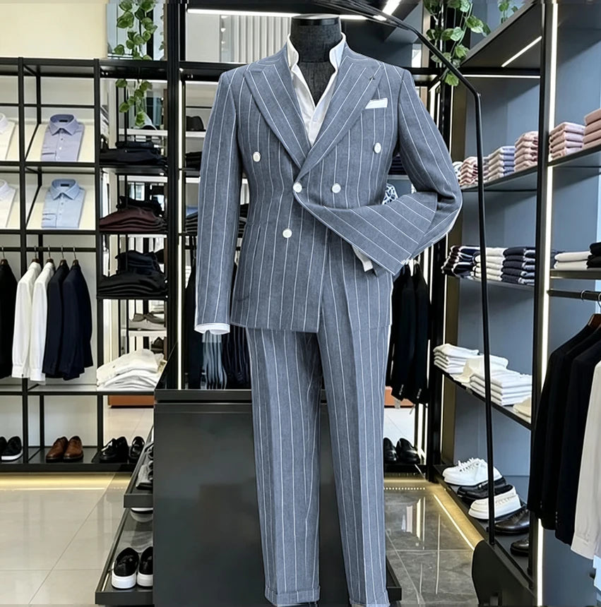 Men's Light Grey Pinstripe 2-Piece Double-Breasted Suit Set — product view