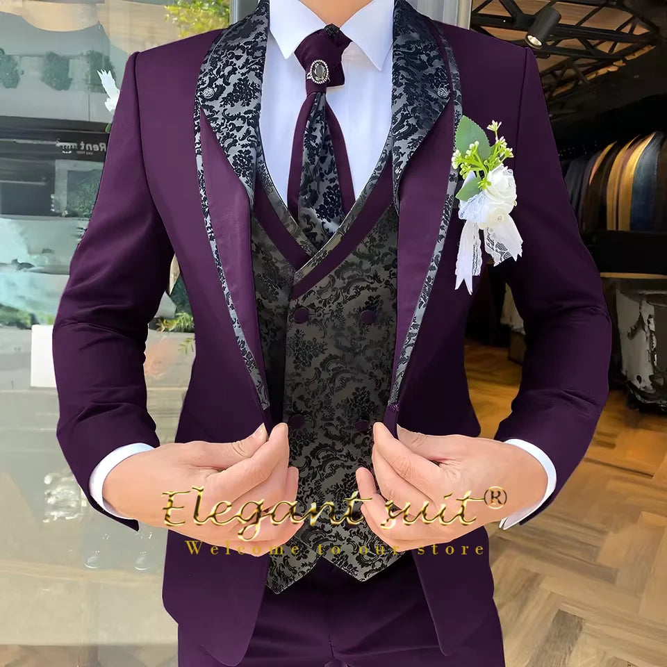 Men's Black Jacquard 3-Piece Suit Set — product view