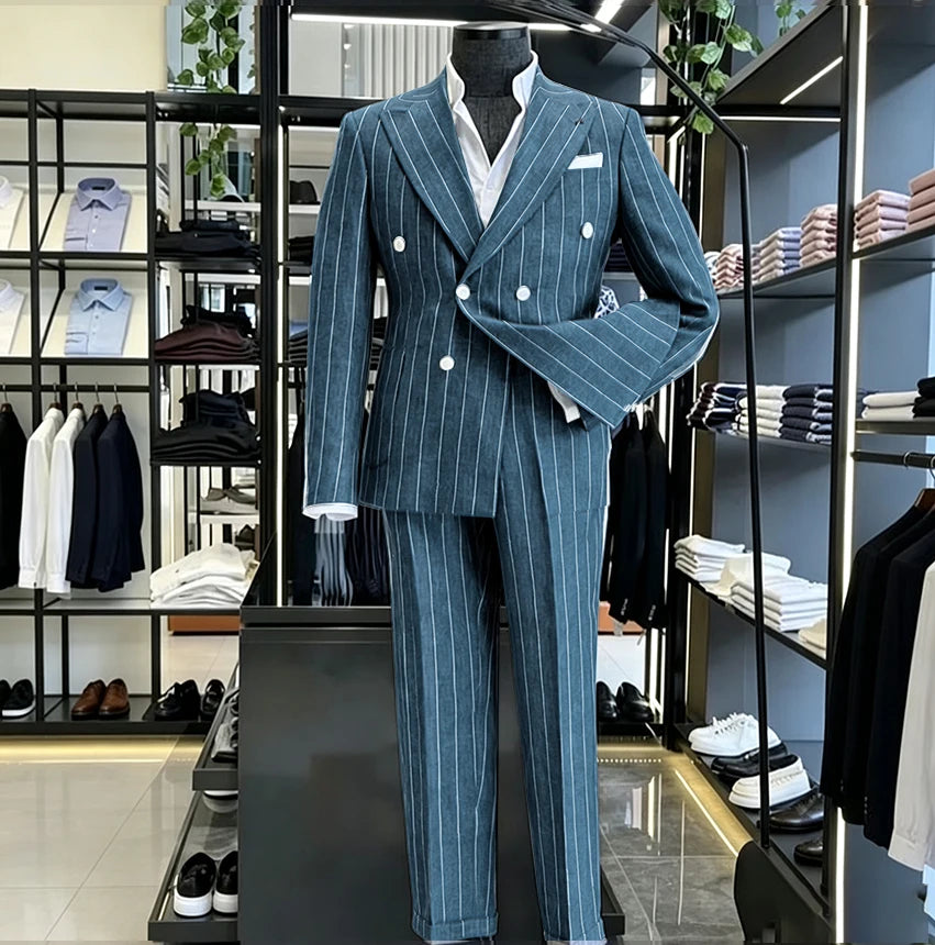 Men's Light Grey Pinstripe 2-Piece Double-Breasted Suit Set — product view