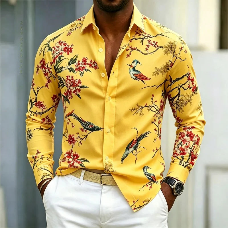 Men's Floral Print Long-Sleeve Casual Shirt