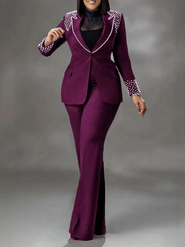Women's Collared Blazer & High-Waisted Pants Set