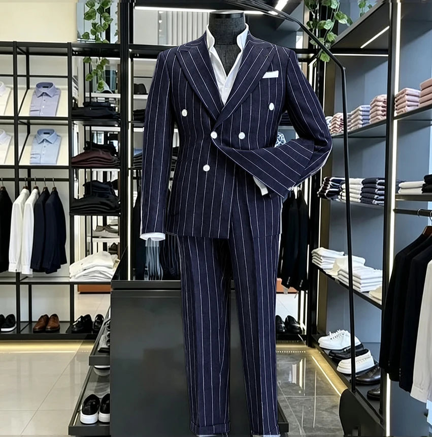 Men's Light Grey Pinstripe 2-Piece Double-Breasted Suit Set — product view