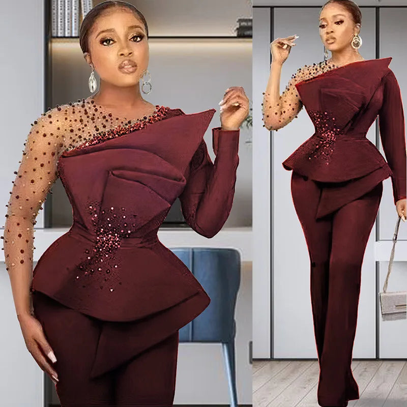 Women's Beaded Mesh Top & Wide-Leg Pants Set