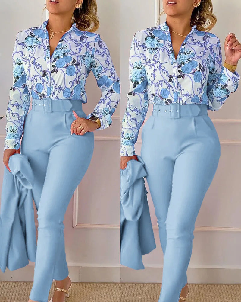 Women's Printed Long-Sleeve Shirt & Pants Set