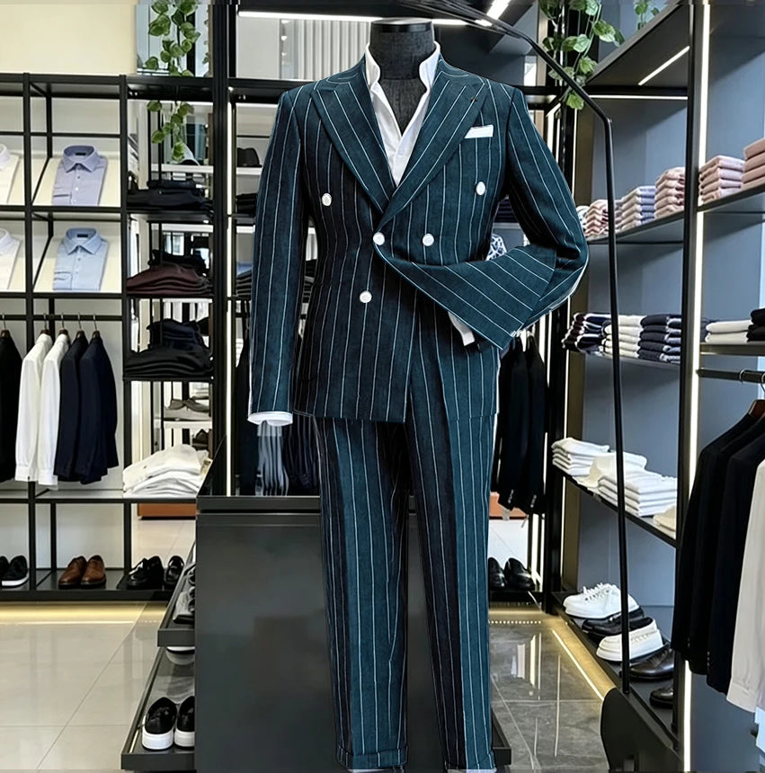 Men's Light Grey Pinstripe 2-Piece Double-Breasted Suit Set — product view