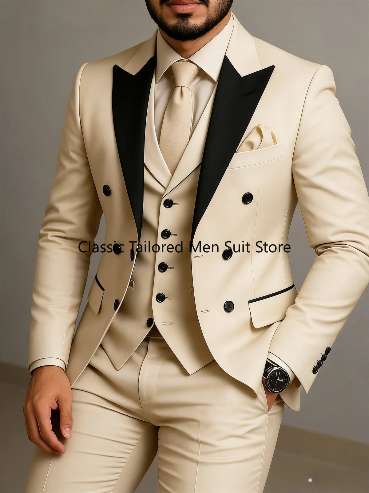 Men's Beige Slim-Fit Double-Breasted Suit Set — product view