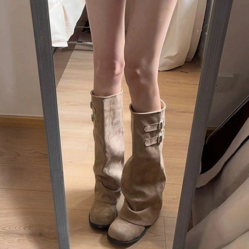 Women's Foldover Wedge Boots with Buckle Detail — product view