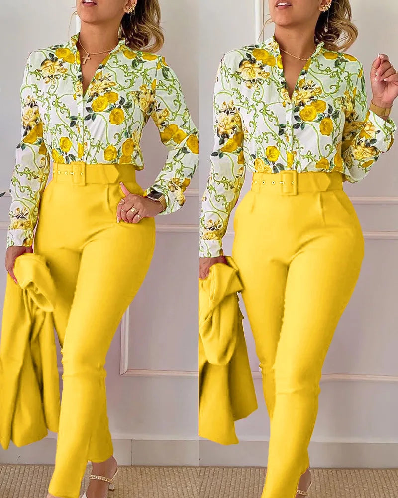 Women's Printed Long-Sleeve Shirt & Pants Set