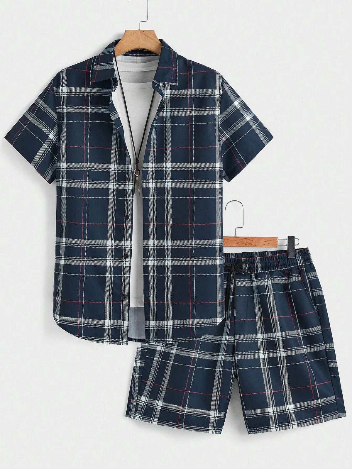Men's Check Print Top & Shorts Set