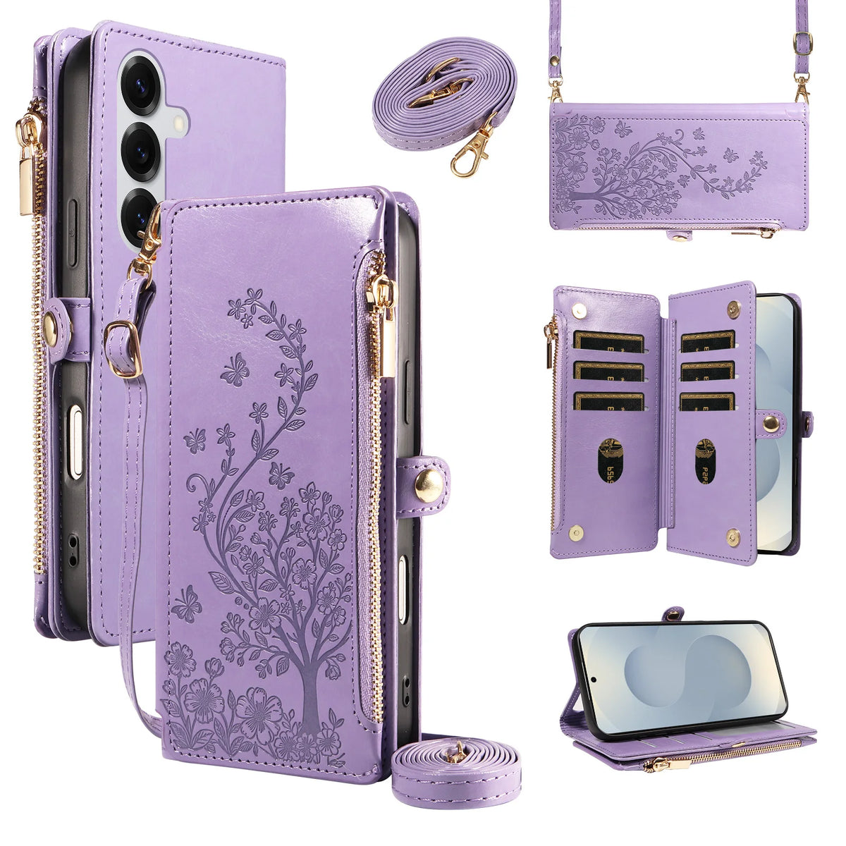 Floral Embossed Crossbody Zipper Wallet Phone Case for Samsung Galaxy S21+ 5G, S21 FE 5G, S21 Ultra 5G, S21, S20, S20 FE, S20+, S20 Ultra, S23 Ultra, S23 FE, S23+, S24 Ultra, S22+ 5G, S22 5G, S22 Ultra 5G, S23, S25 Ultra, S25 FE & More Models