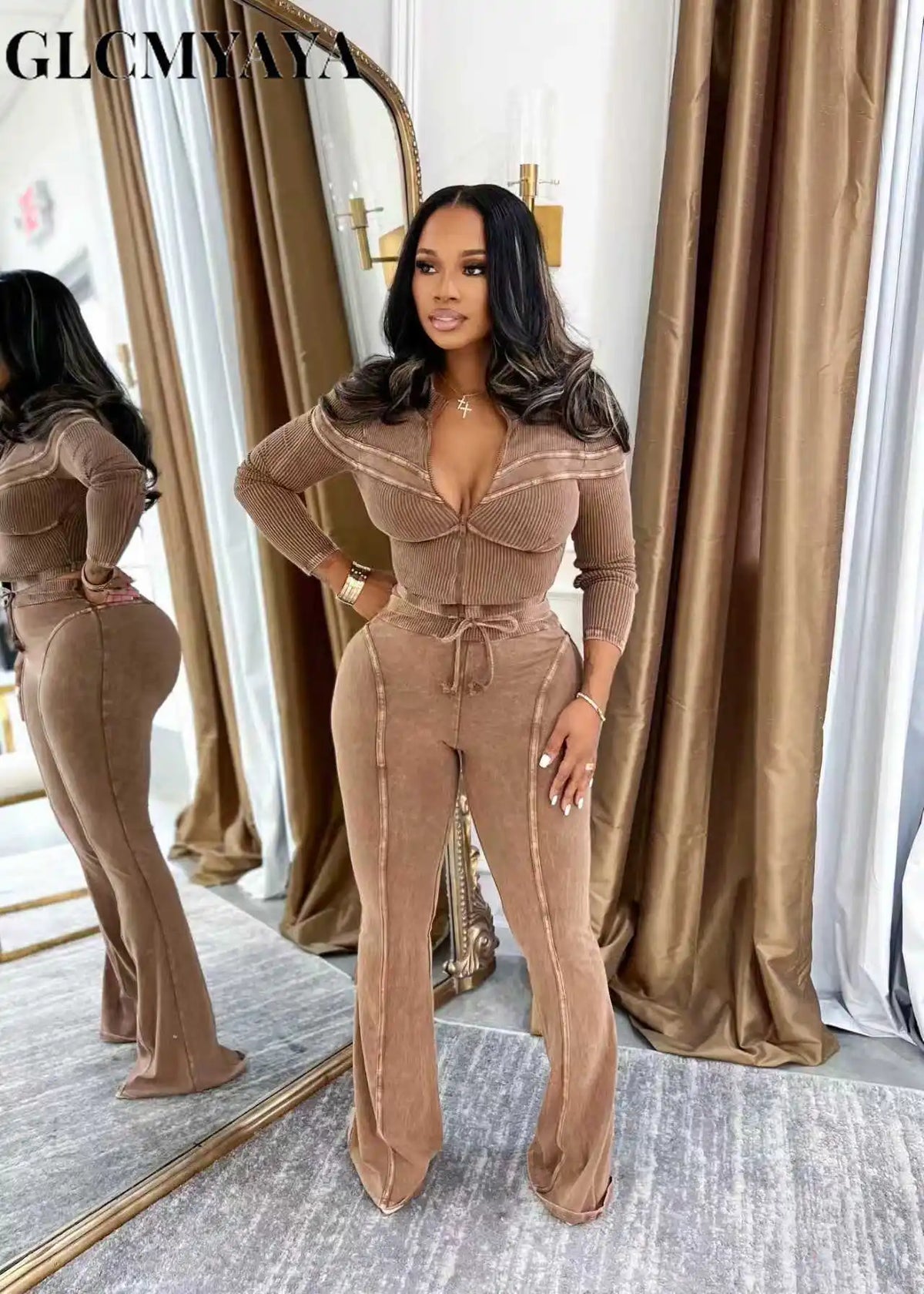 Women's Washed-Look Knit Jacket & Pants Set