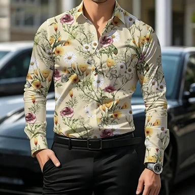 Men's Floral Print Long-Sleeve Casual Shirt