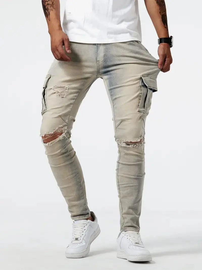 Men's Black Slim Fit Stretch Denim Jeans - Ripped Detail — product view