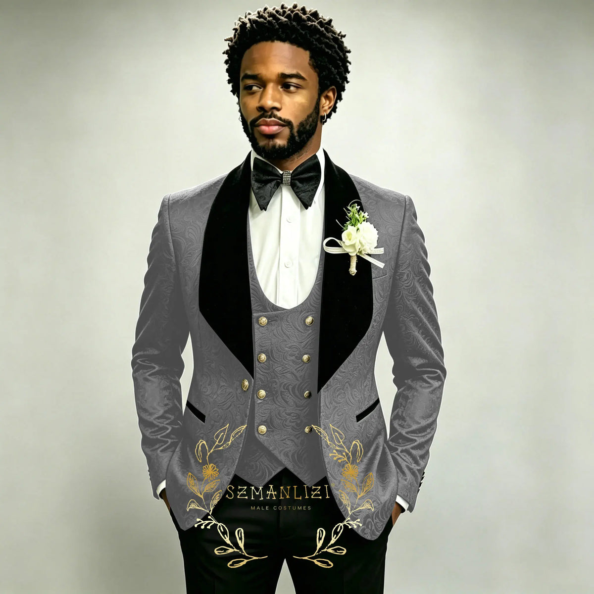 Men's Black Jacquard 3-Piece Suit Set — product view