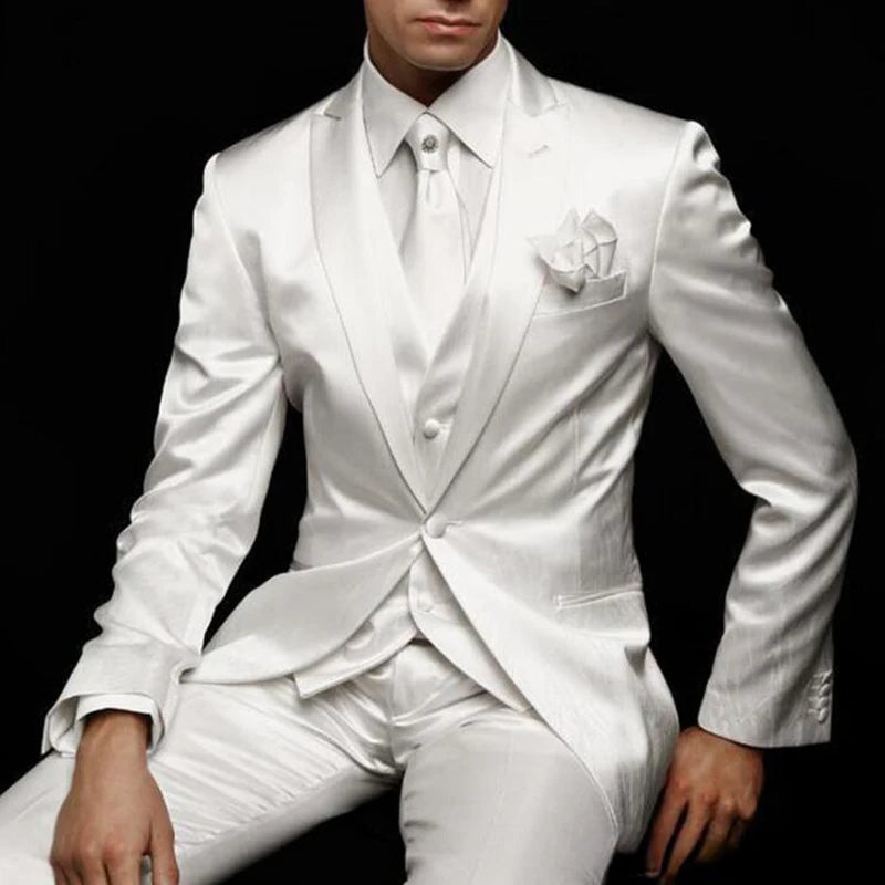 Men's White Satin 3-Piece Peak Lapel Suit Set — product view