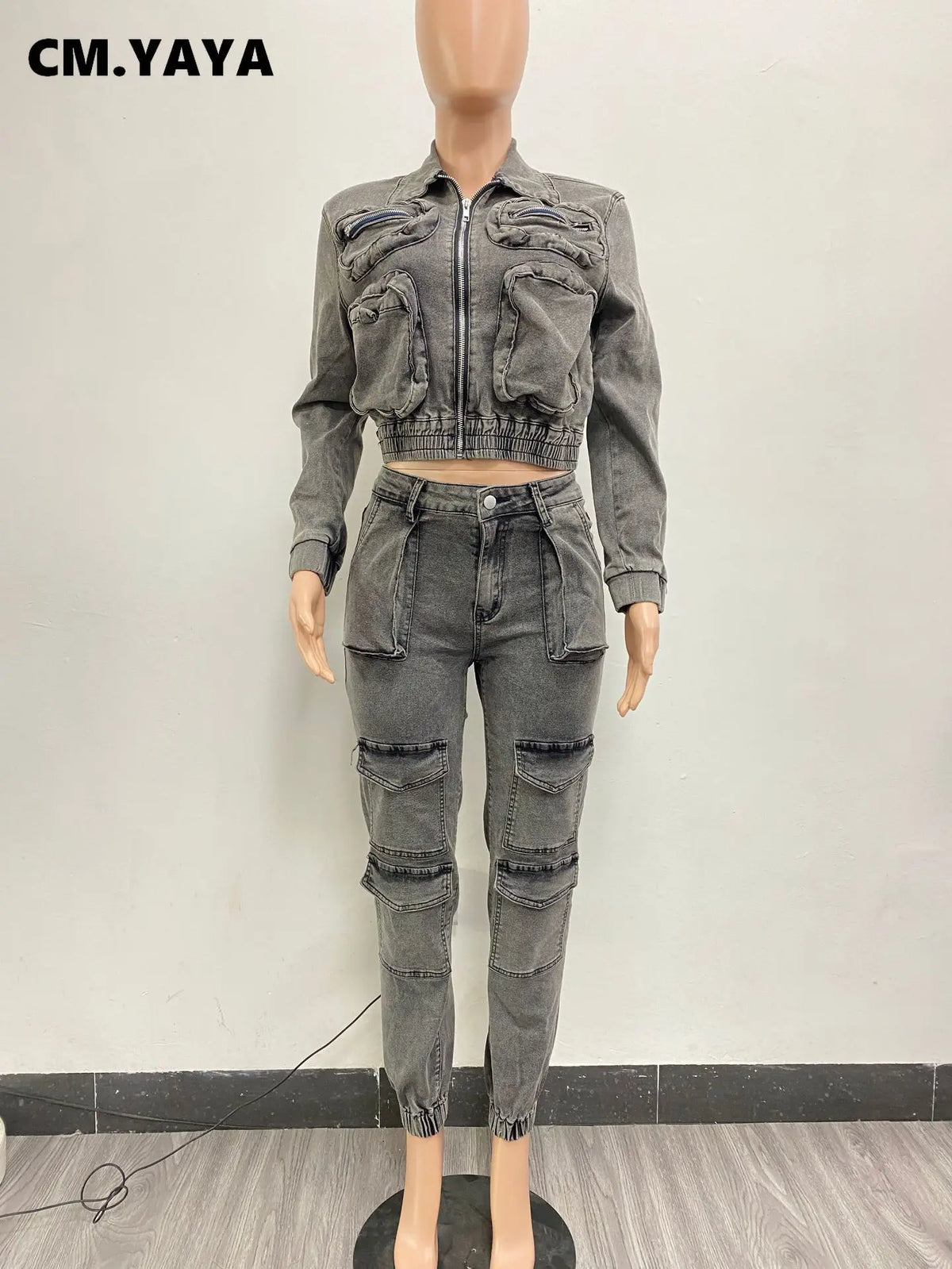 Women's Pocket Denim Jacket & Cargo Jeans Set